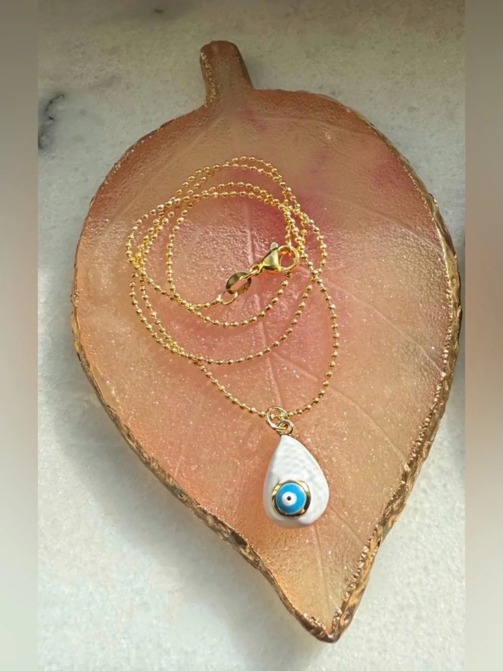 Beautiful White Evil Eye Necklace 16 inches  .925 sterling silver gold plated